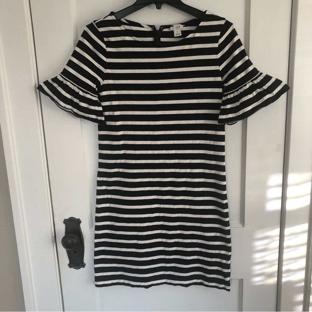 J. CREW FACTORY | Black and White Striped Ruffle Short Sleeve Mini Dress